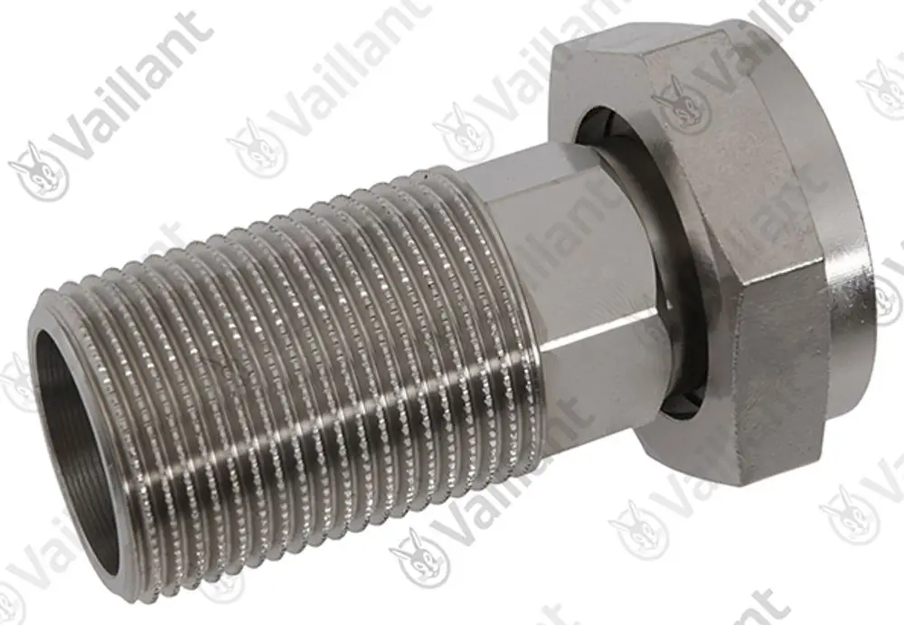 Vaillant Anschlussstück mit einem gewundenen, zylindrischen Gewinde und einer hexagonalen Mutter zur Verbindung von Rohrleitungen. Metallische Oberfläche, geeignet für Sanitärinstallationen.